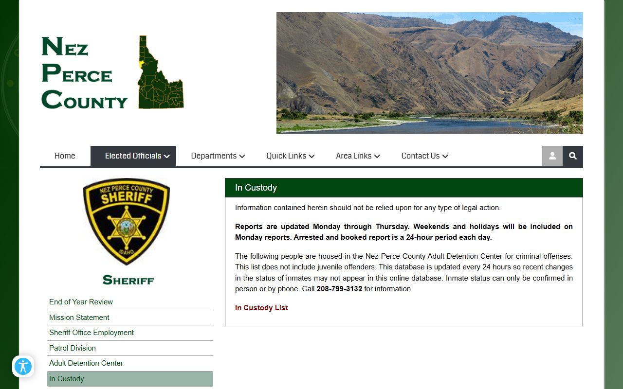 Nez Perce County in custody page used for Lewis County inmate lookup fallback